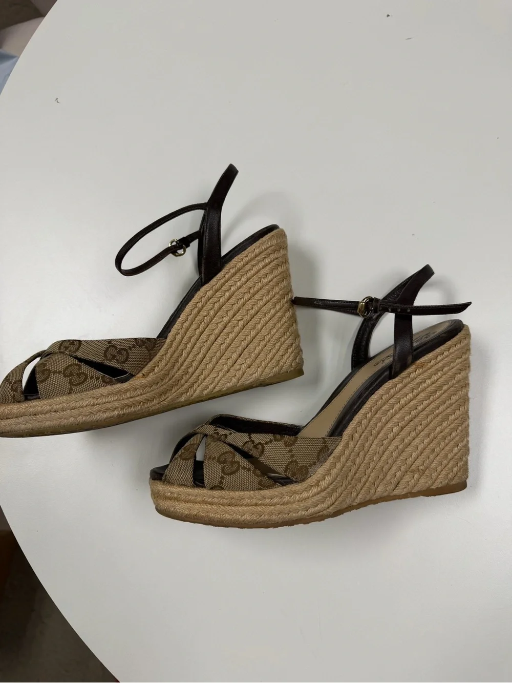 Gucci Beige/Brown Monogram Espadrille Wedge Sandals